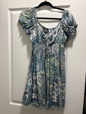Boho Paisley Peasant Dress - Green/Blue